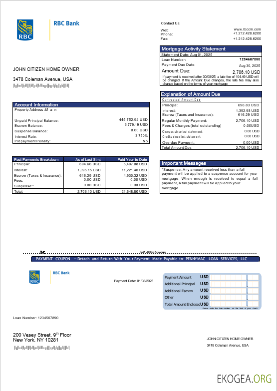 Relevé hypothécaire de la banque RBC aux États , Unis aux formats Word et PDF